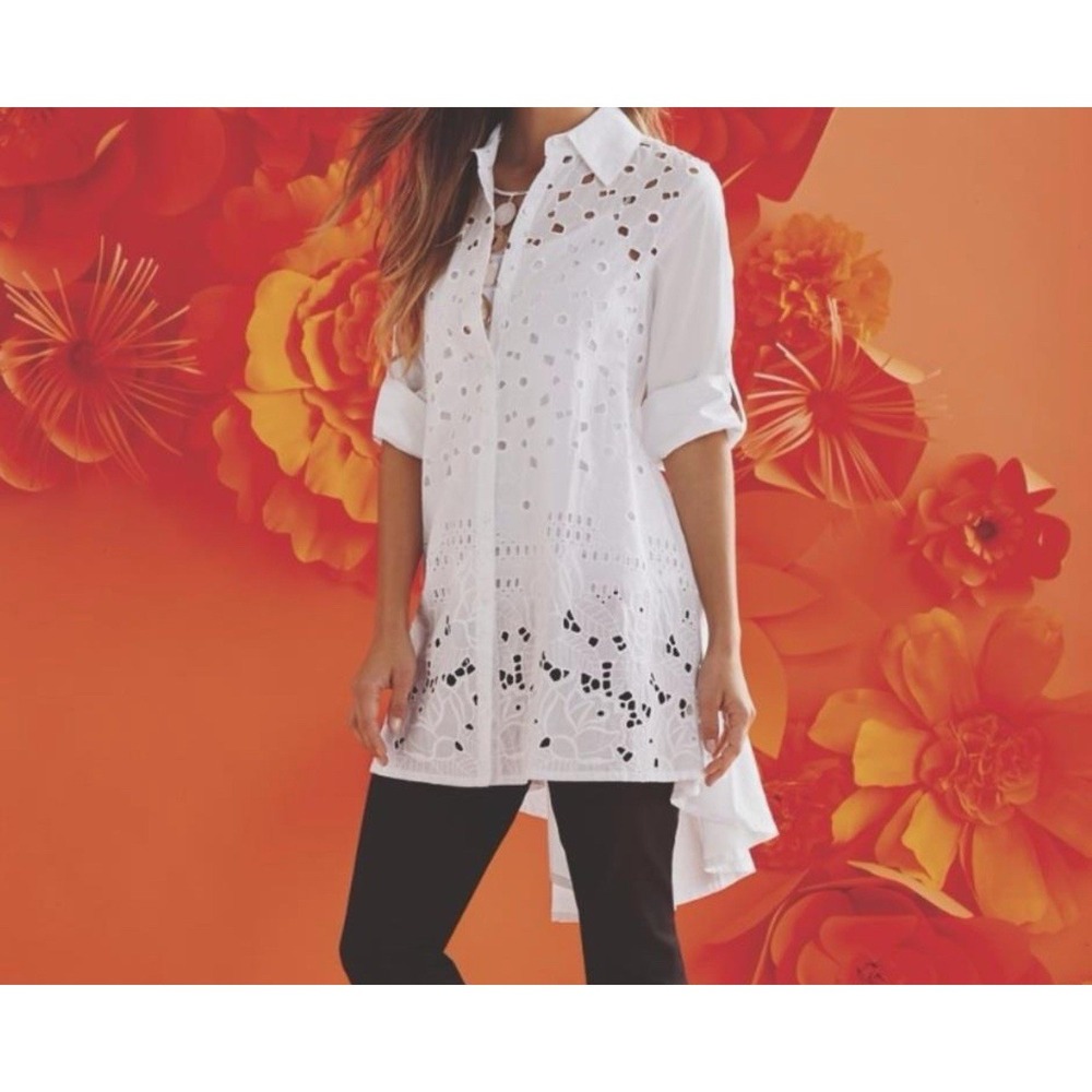 Midnight Velvet Women's Eyelets Lace High-low Dress Blouse-Size M